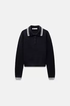 Вязаный свитер-поло ZARA, темно-синий