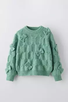 Вязаный свитер с бантиками ZARA, средне-зеленый
