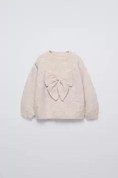 Вязаный свитер с бантом ZARA, светло-бежевый