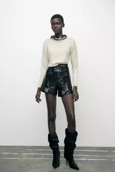 Вязаный свитер с бисерным воротником ZARA, экрю