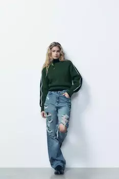Вязаный свитер с боковой панелью ZARA, зеленый