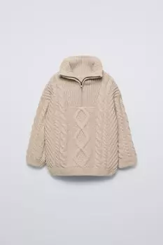Вязаный свитер с четвертью-молнией ZARA, светло-бежевый