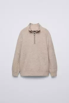 Вязаный свитер с четвертью-молнией ZARA, песочный