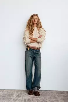 Вязаный свитер с цветочной панелью ZARA, песочный