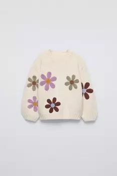 Вязаный свитер с цветочной вышивкой ZARA, экрю