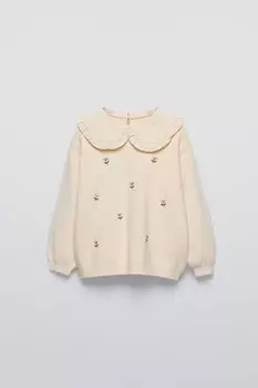 Вязаный свитер с цветочной вышивкой ZARA, экрю