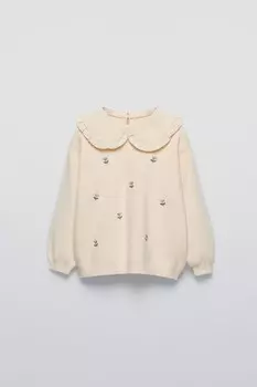 Вязаный свитер с цветочной вышивкой ZARA, экрю