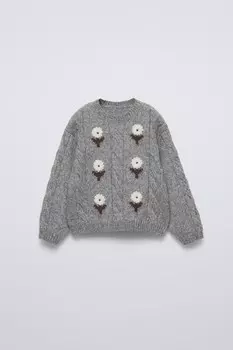 Вязаный свитер с цветочной вышивкой ZARA, серый мергель