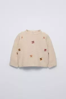 Вязаный свитер с цветочной вышивкой ZARA, светло-бежевый