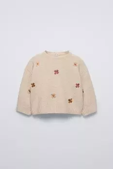 Вязаный свитер с цветочной вышивкой ZARA, светло-бежевый