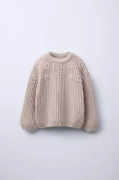 Вязаный свитер с цветочной вышивкой ZARA, светло-бежевый