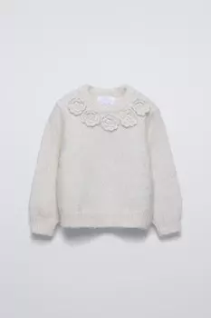Вязаный свитер с цветочным узором ZARA, экрю