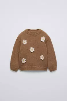 Вязаный свитер с цветочным узором ZARA, цвет mustard
