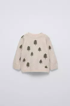 Вязаный свитер с деревьями ZARA, песочный/мергель
