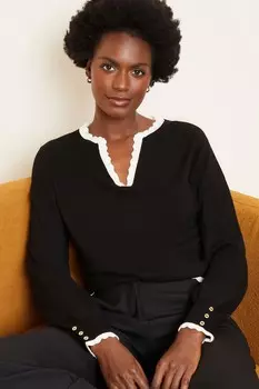 Вязаный свитер с длинными рукавами V-образным вырезом и контрастной отделкой Love & Roses, черный