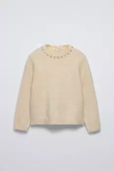 Вязаный свитер с драгоценными деталями ZARA, светло-бежевый