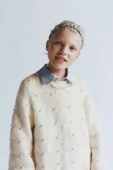 Вязаный свитер с искусственным жемчугом ZARA, белый