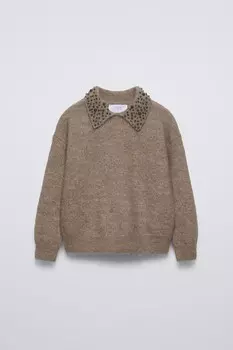 Вязаный свитер с искусственным жемчугом ZARA, коричневый/серо-бежевый