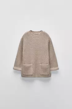 Вязаный свитер с карманами ZARA, песочный