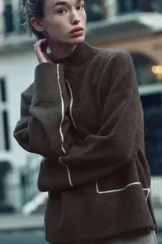 Вязаный свитер с контрастной отделкой ZARA, коричневый энергичный