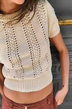 Вязаный свитер с коротким рукавом ZARA, экрю