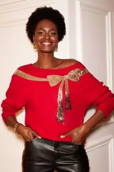 Вязаный свитер с круглым вырезом и бантиком из пайеток Love & Roses, красный