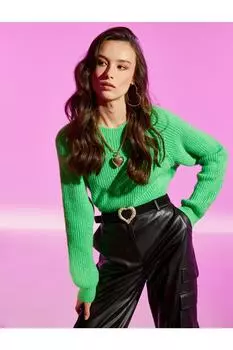 Вязаный свитер с круглым вырезом Koton, зеленый
