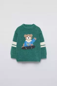 Вязаный свитер с медведем ZARA, зеленый