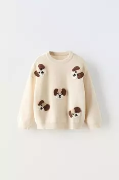 Вязаный свитер с мотивами собаки ZARA, экрю