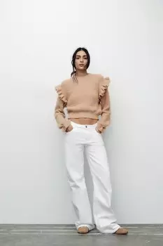 Вязаный свитер с оборками ZARA, средний верблюд