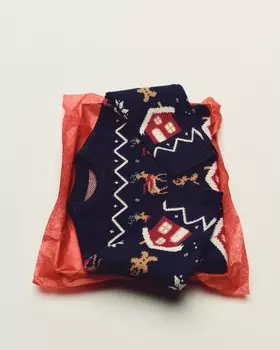 Вязаный свитер с оленьим мехом ZARA, темно-синий