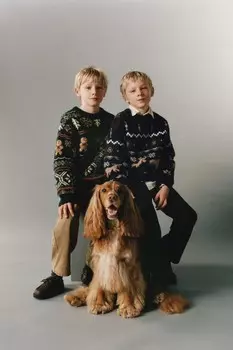 Вязаный свитер с оленьим мехом ZARA, зеленый