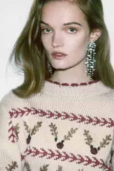 Вязаный свитер с оленьим мехом ZARA, бежевый