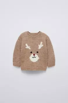 Вязаный свитер с оленьими изделиями ZARA, светло-коричневый