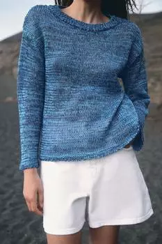 Вязаный свитер с отделкой лентой ZARA, синий