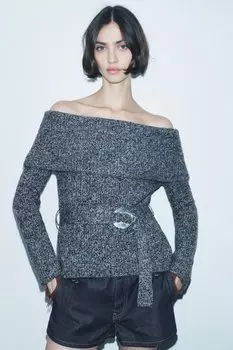 Вязаный свитер с открытыми плечами и поясом ZARA, черный/белый