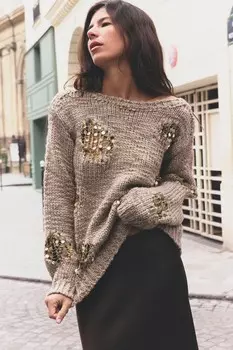 Вязаный свитер с пайетками ZARA, цвет Mink