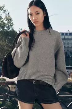 Вязаный свитер с плиссированными рукавами ZARA, серый