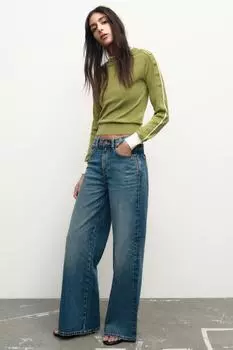 Вязаный свитер с пуговицами на плечах ZARA, зеленый