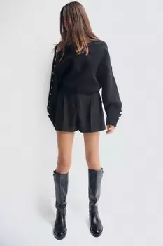 Вязаный свитер с рукавами, вышитыми бисером ZARA, черный