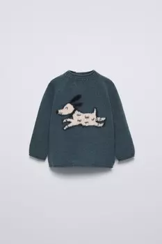 Вязаный свитер с щенком ZARA, бензиновый синий