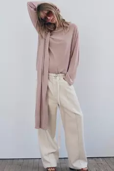 Вязаный свитер с шарфом ZARA, бледно-розовый