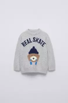 Вязаный свитер с собакой ZARA, серый мергель