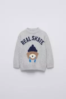 Вязаный свитер с собакой ZARA, серый мергель