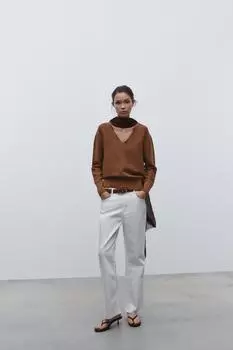 Вязаный свитер с v-образным вырезом ZARA, цвет dark russet