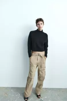 Вязаный свитер с видимыми швами ZARA, черный