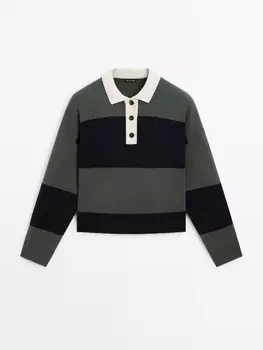 Вязаный свитер с воротником-поло и полосками Massimo Dutti, зеленый