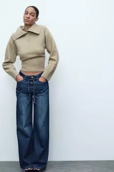 Вязаный свитер с воротником-поло ZARA, светло-зеленый