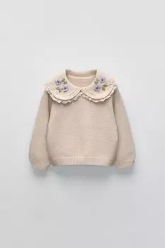 Вязаный свитер с вышитым воротником ZARA, светло-бежевый