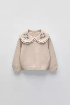 Вязаный свитер с вышитым воротником ZARA, светло-бежевый